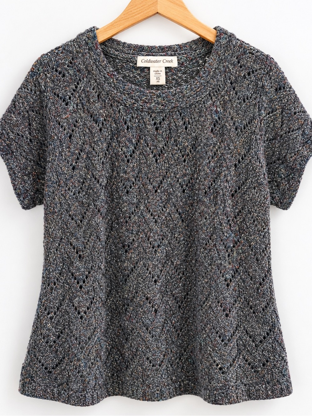 Coldwater Creek Gray Multicolor Pointelle Knit Short Sleeve Sweater XS 4